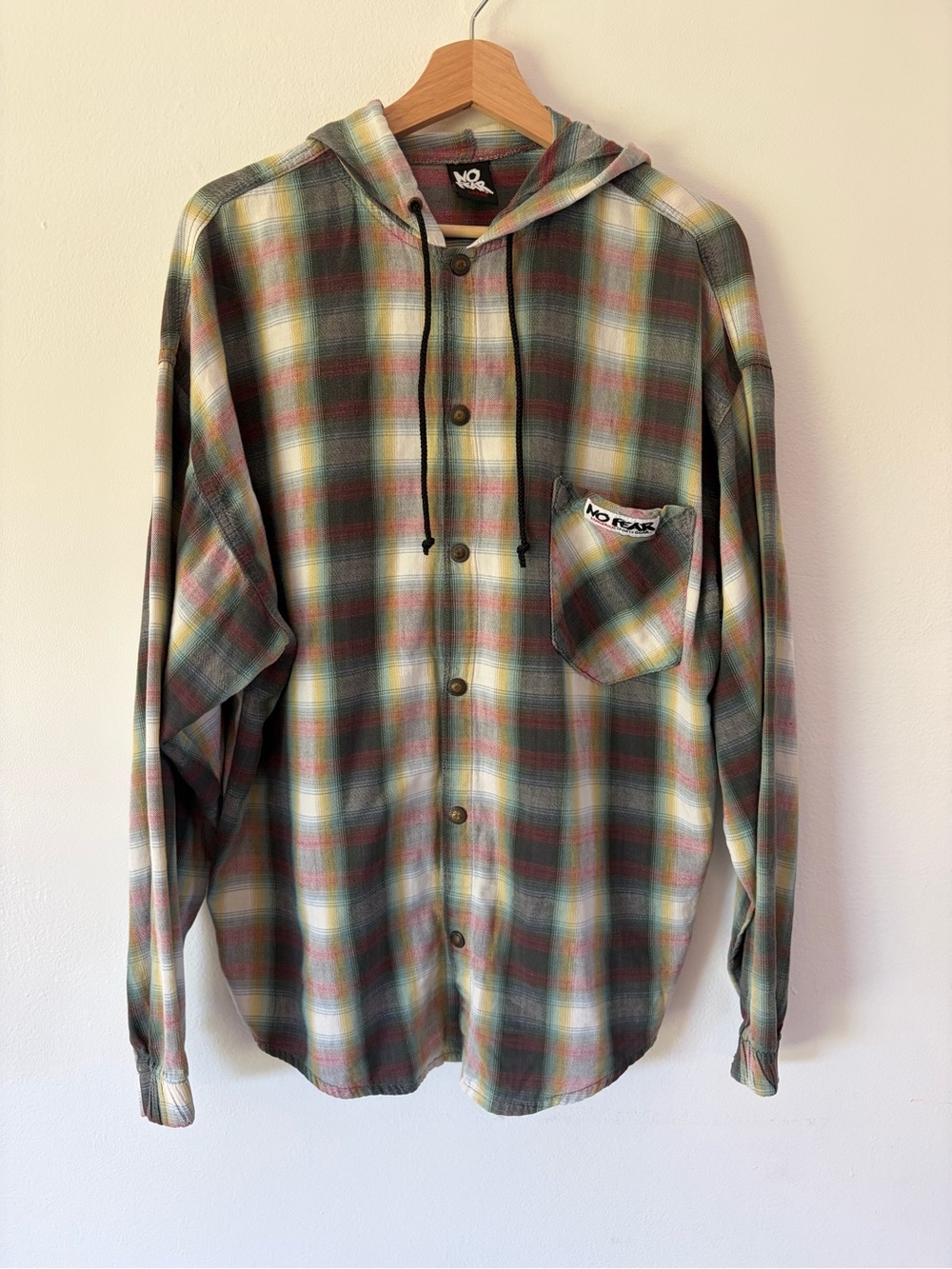 No Fear Vintage 90s Hooded Plaid Flannel Snap Button Shirt Size Large